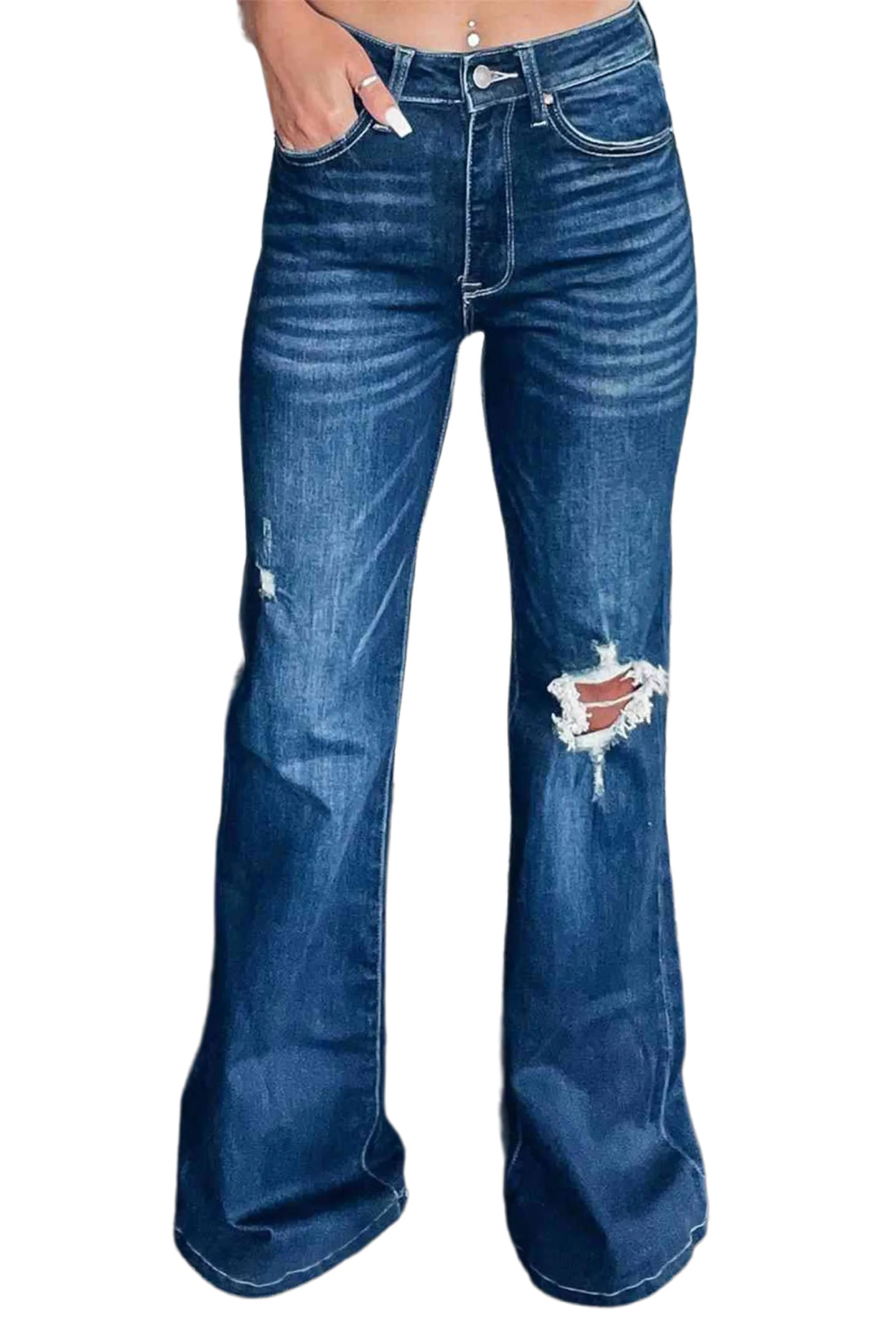 Asymmetrical Open Knee Distressed Flare Jeans