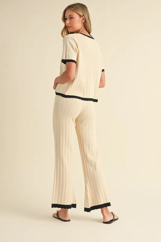 Belle Short Sleeve Ribbed Sweater Top And Pants Set Cream