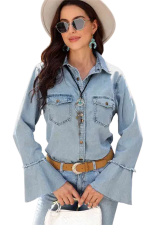 Button Front Flare Sleeve Denim Top