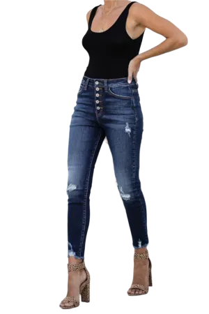 Buttoned Distressed Skinny Jeans