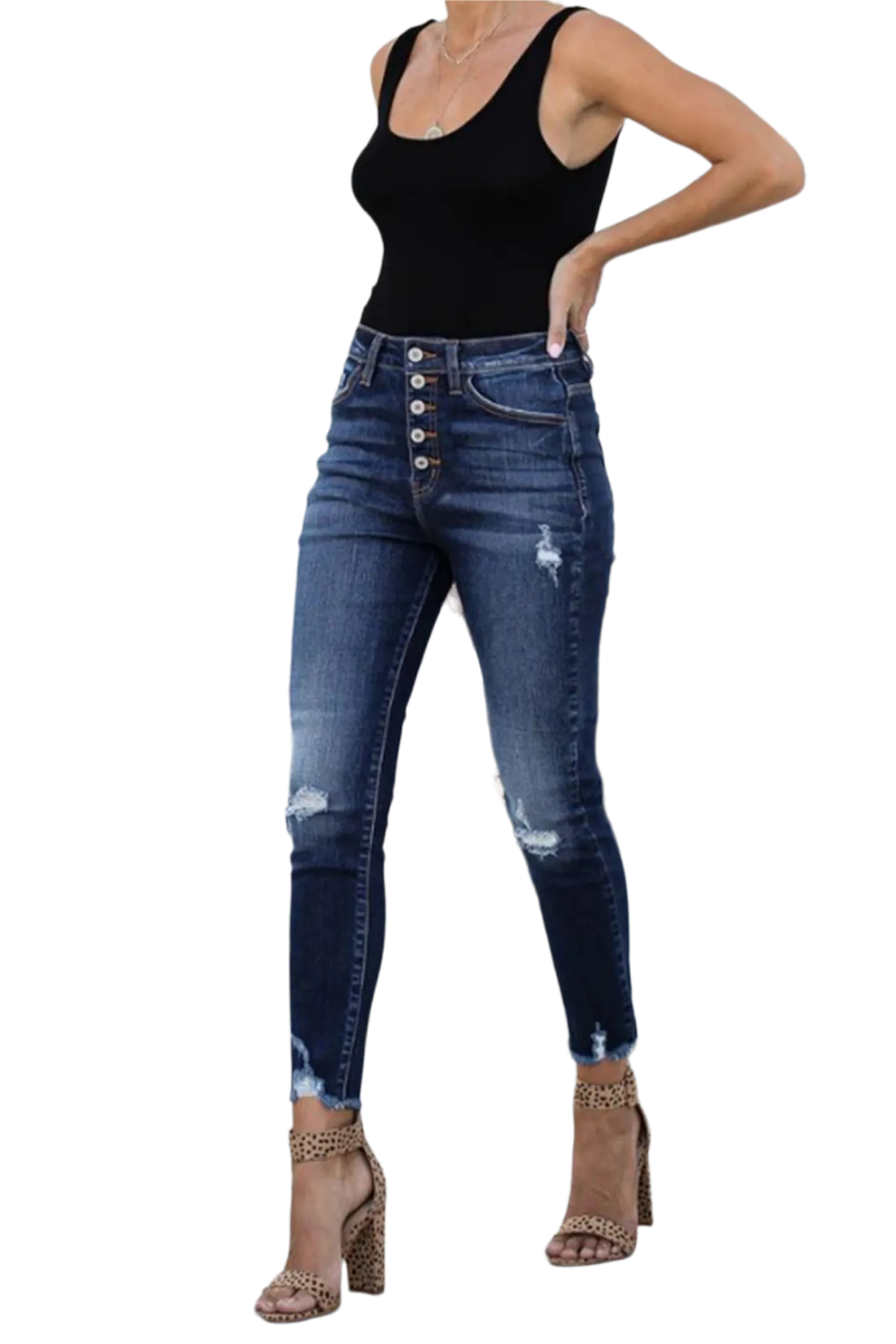 Buttoned Distressed Skinny Jeans