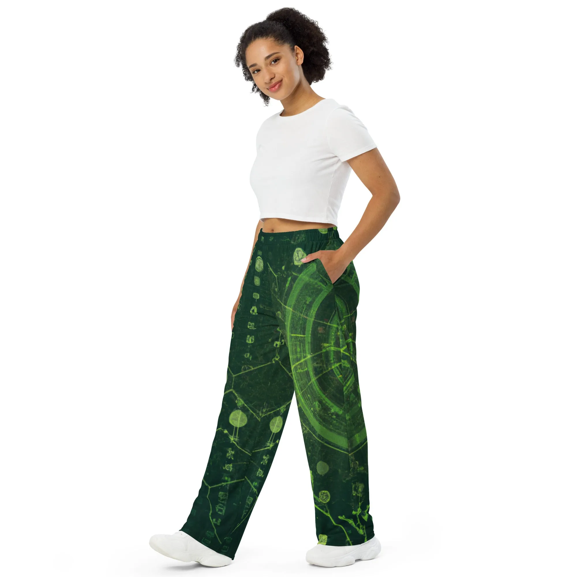 Dark Green Print: Unisex Wide-Leg Pants