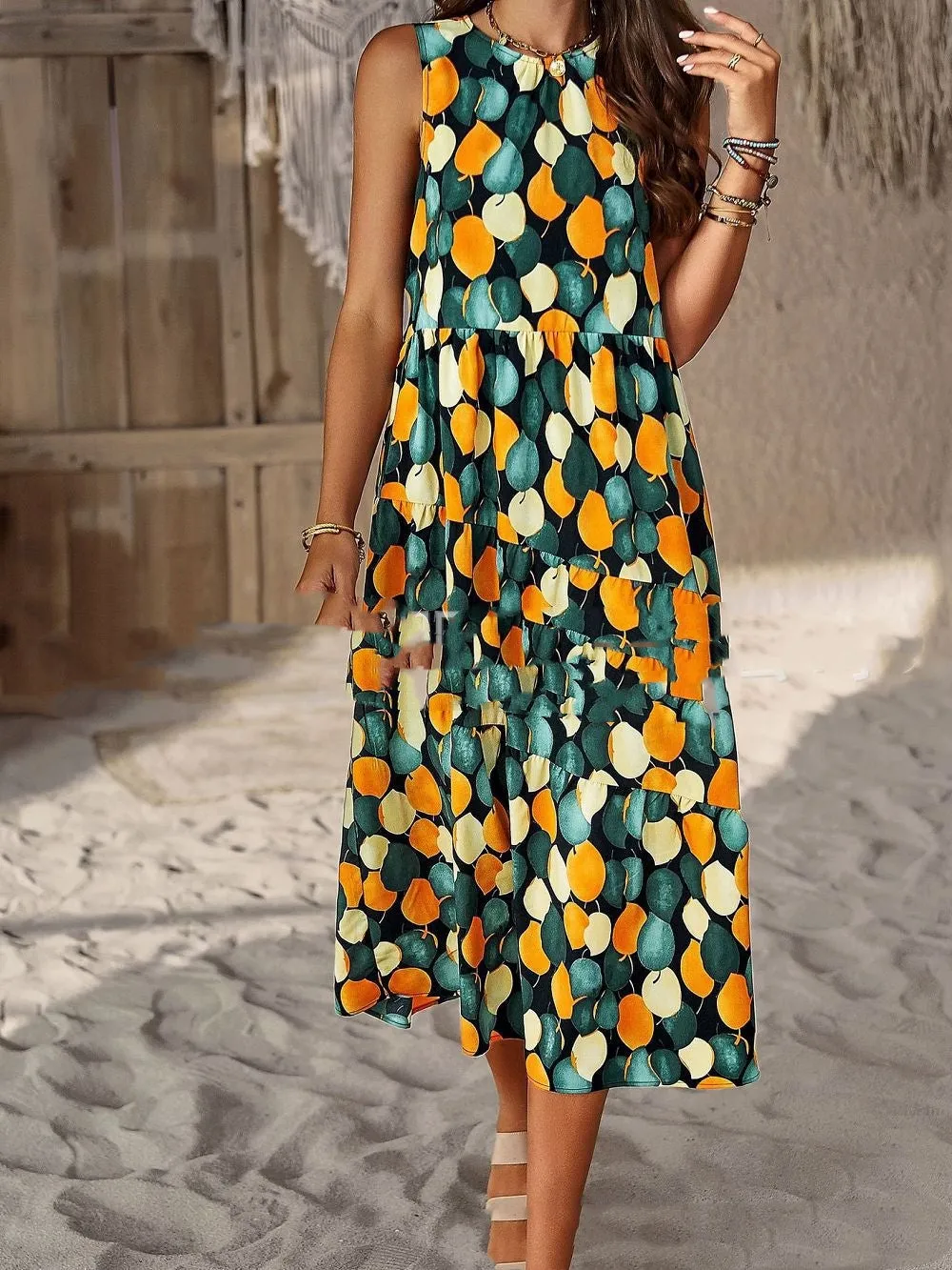 Digital Printing Patchwork Maxi Dress | Stylish Round Neck Casual Dress