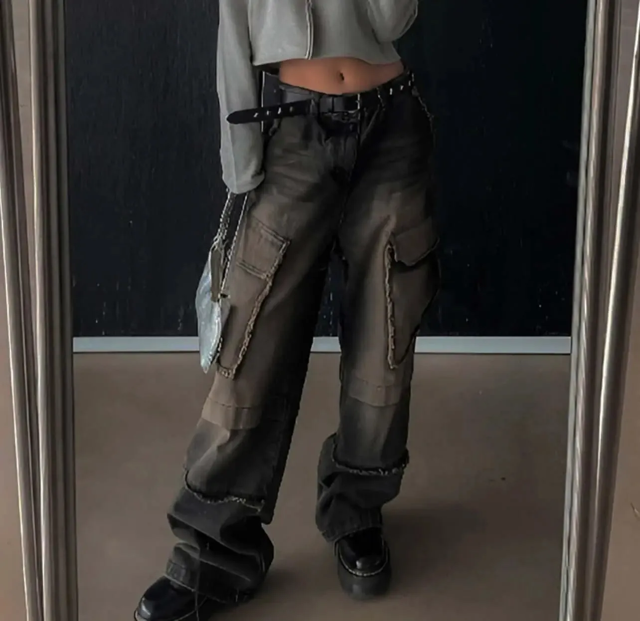 Distressed Denim Trousers. Fashionable Baggy Jeans