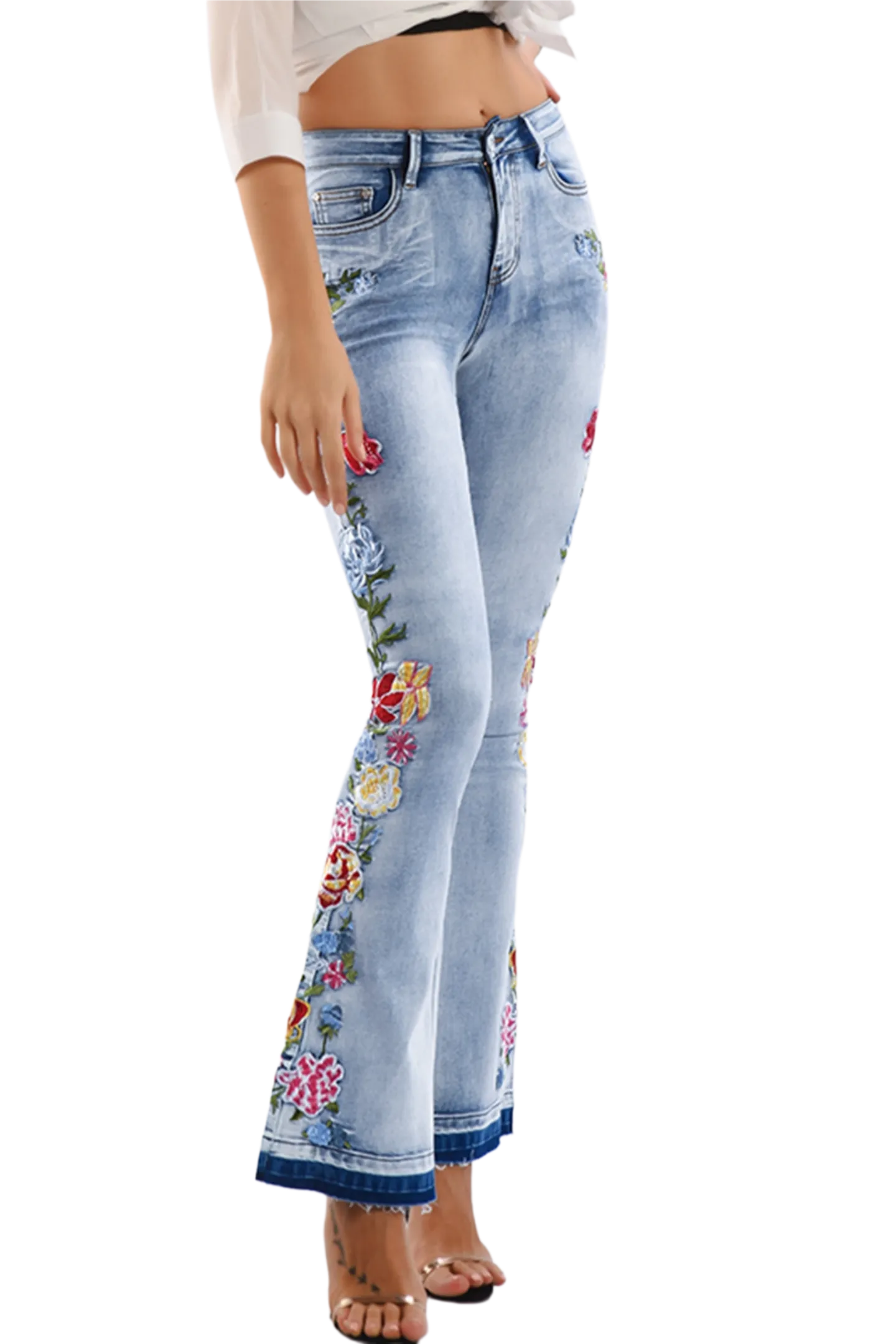 Full Size Flower Embroidery Wide Leg Jeans