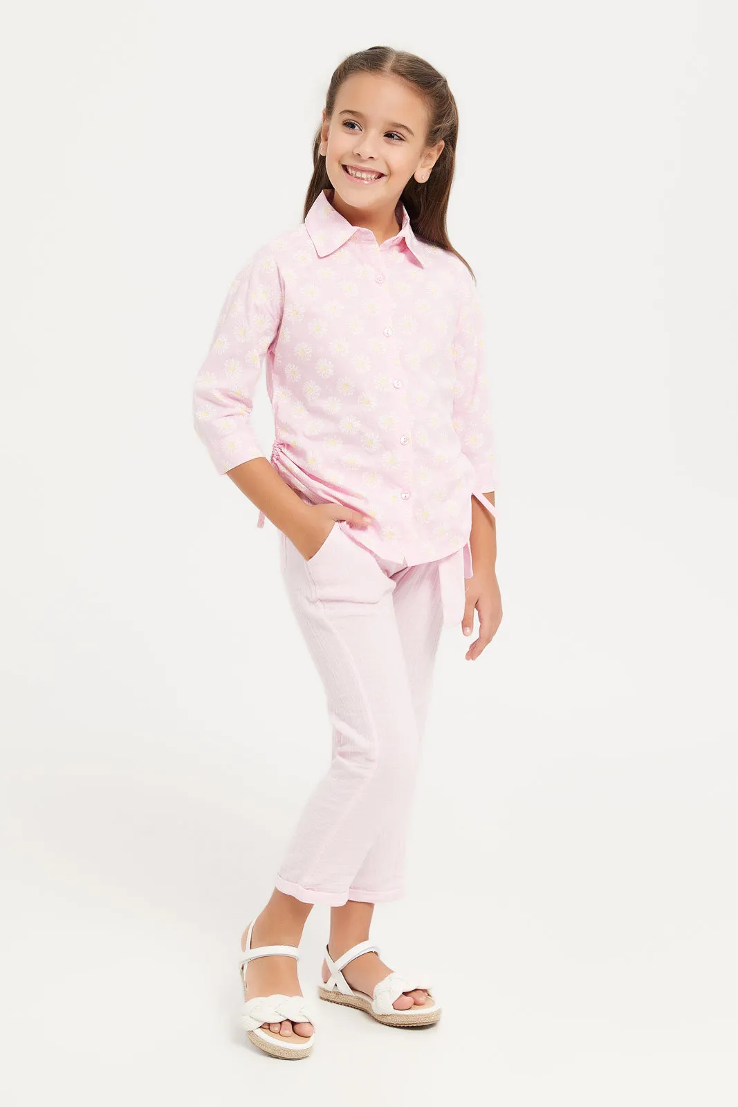 Girls Pink Textured Double Gauze Trouser With Belt