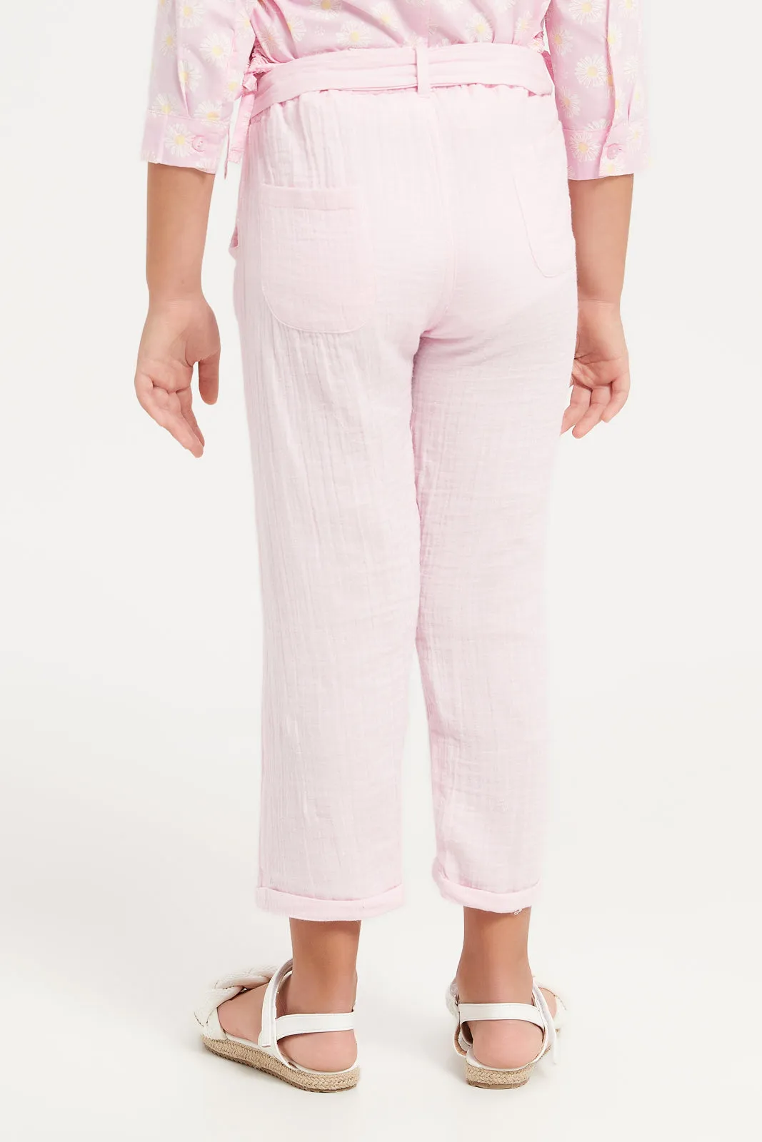 Girls Pink Textured Double Gauze Trouser With Belt