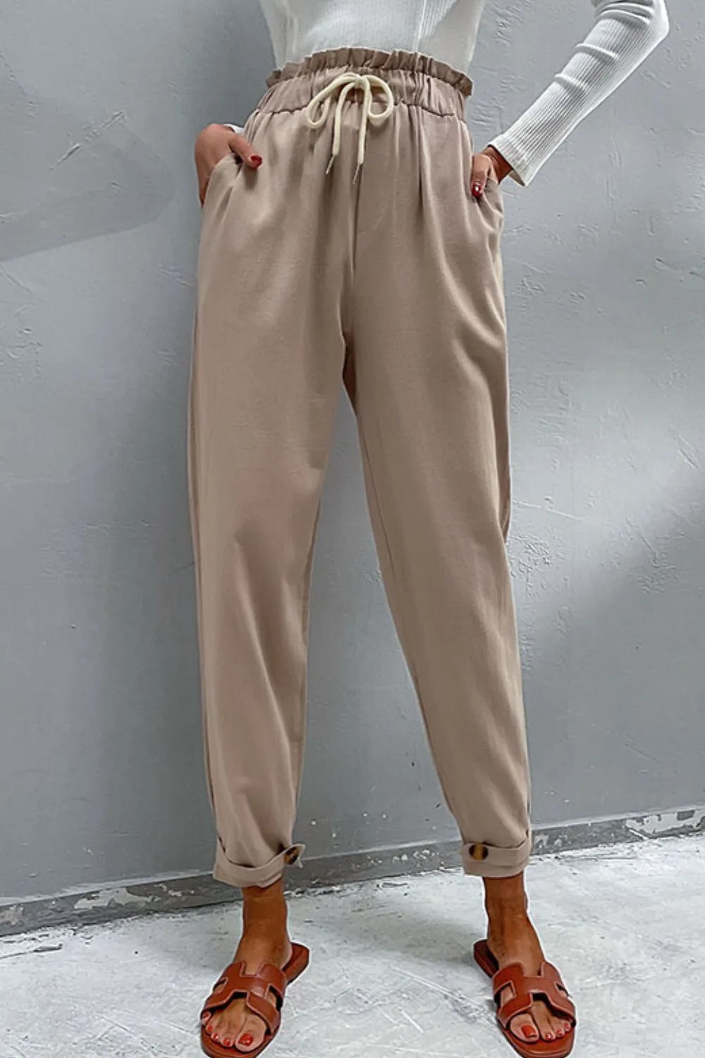 Khaki Drawstring Classic Resort Pants