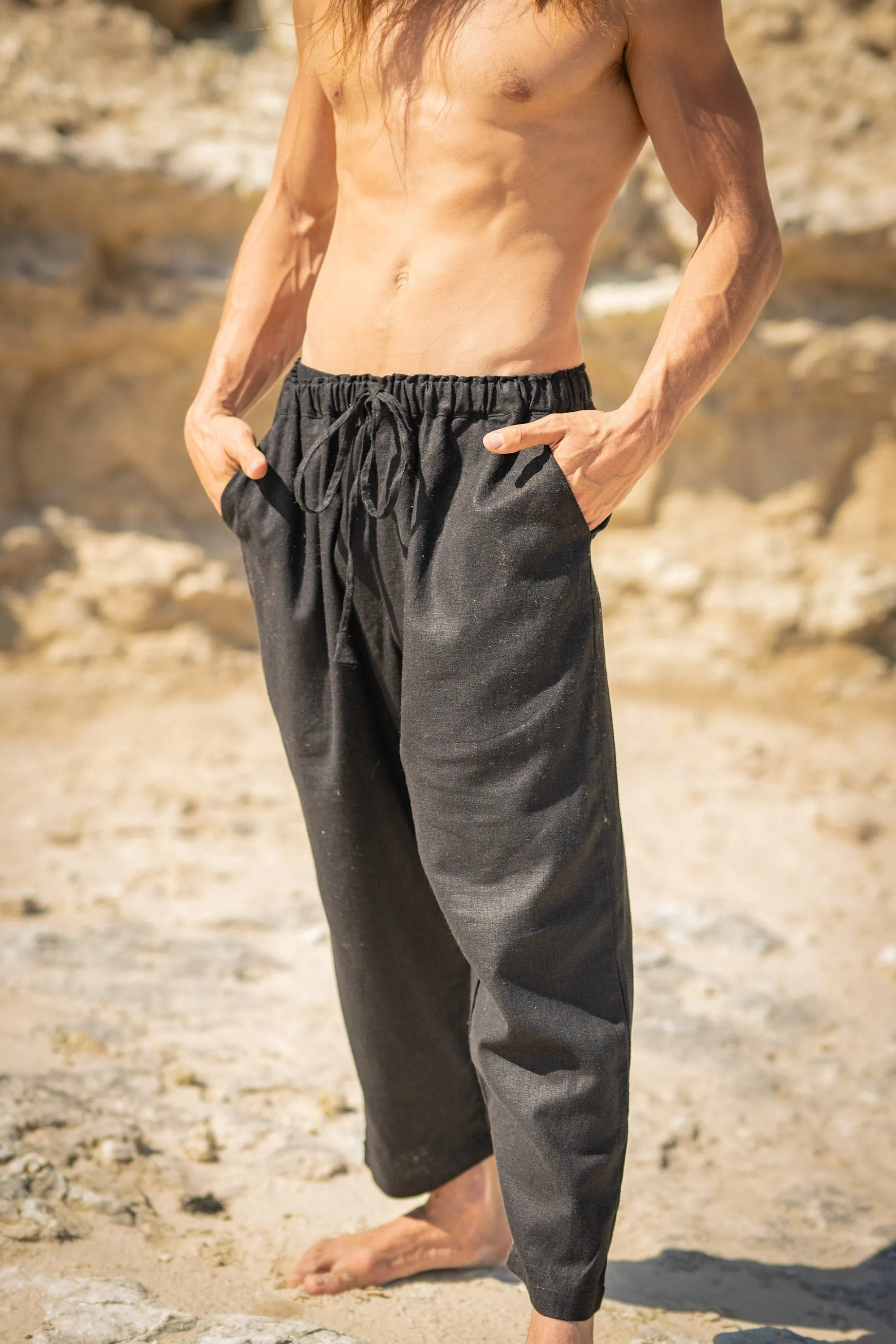 KOWA Organic Hemp Pants Black Raven Trousers with Two Pockets Yoga Sustainable Eco Friendly Festival Ceremony Boho Comfortable AJJAYA