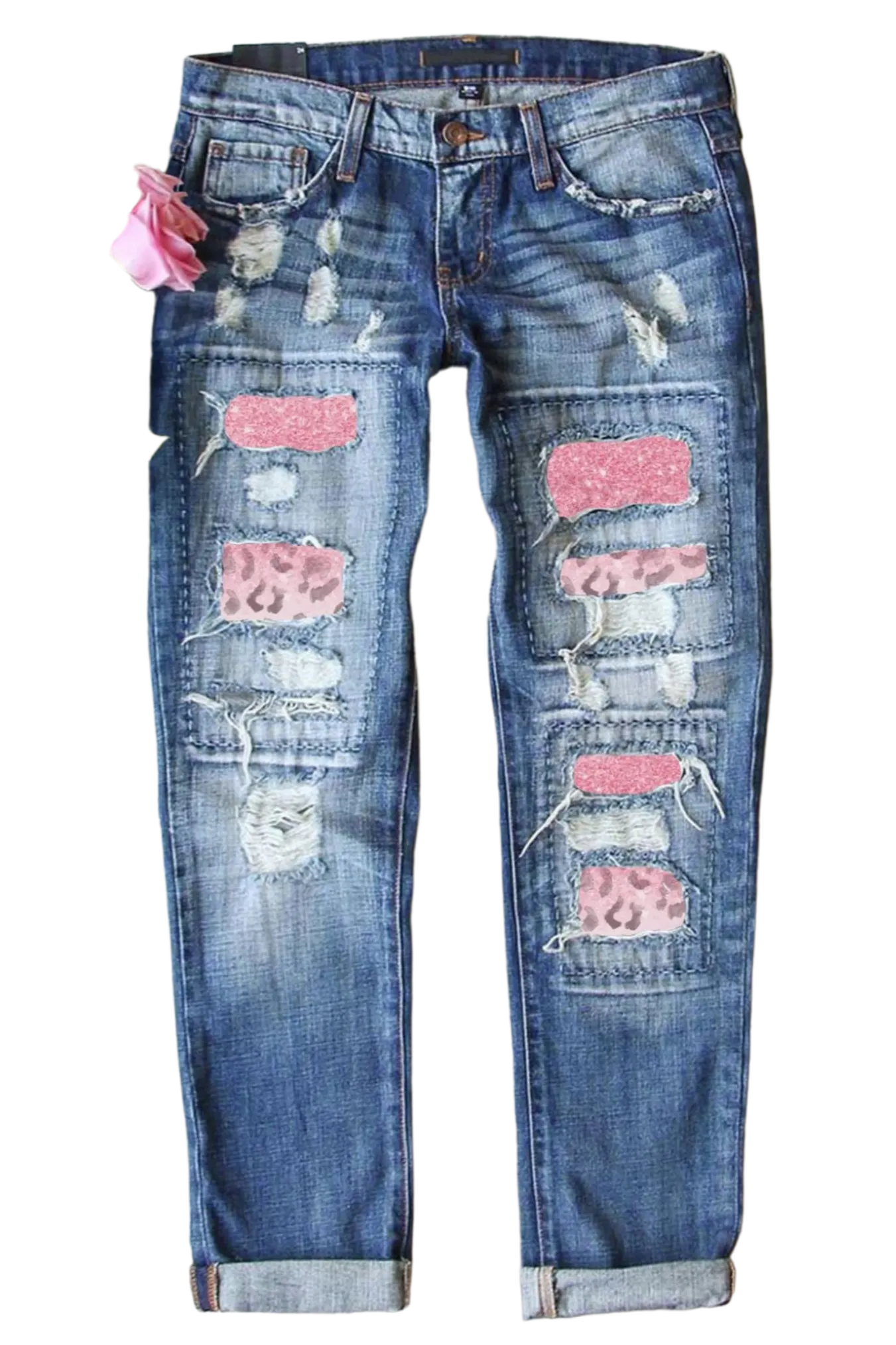 Leopard Patch Distressed Straight Leg Jeans