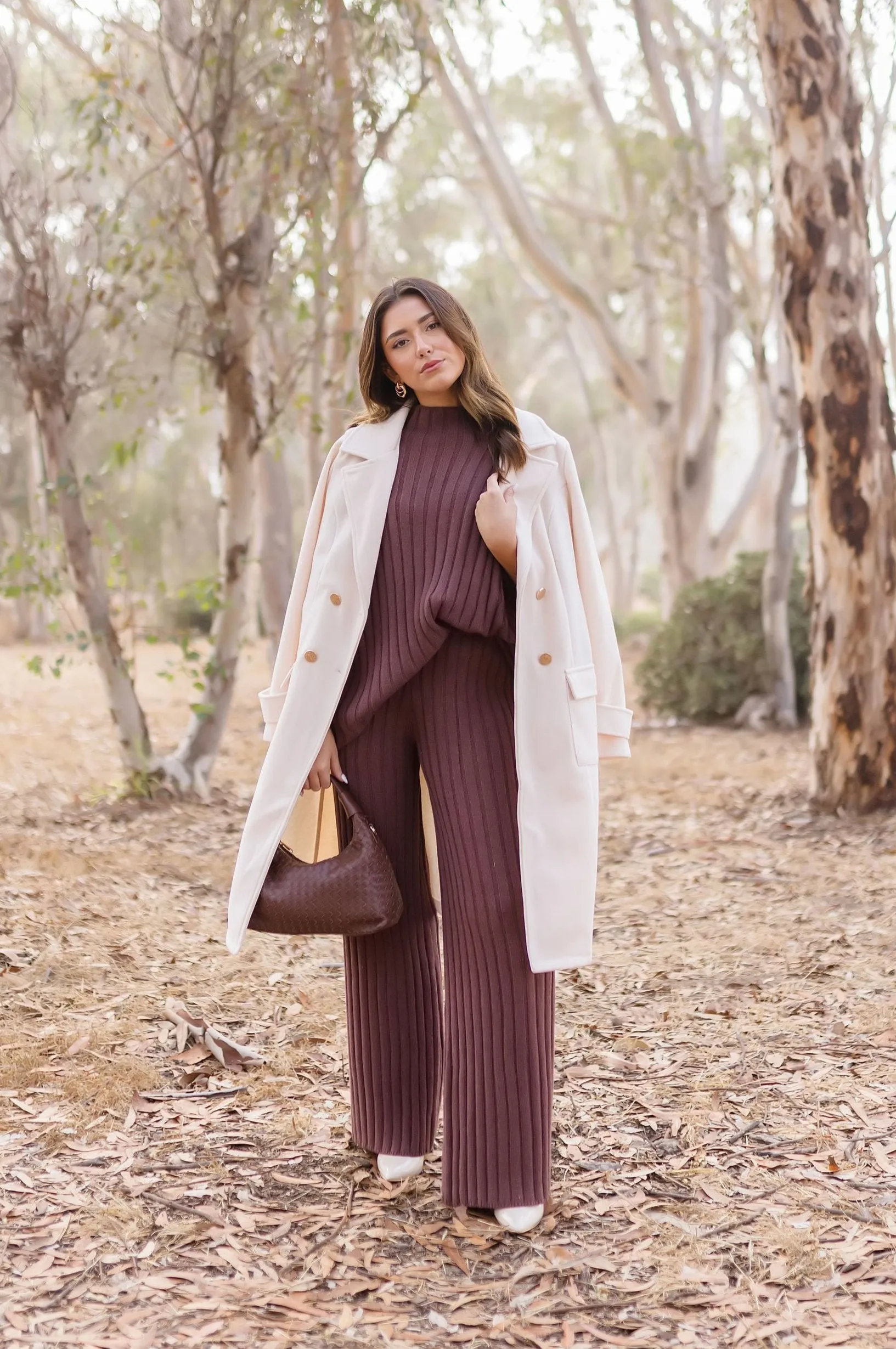 Mandi Short Sleeve Mock Neck Ribbed Sweater Top And Pants Set Brown