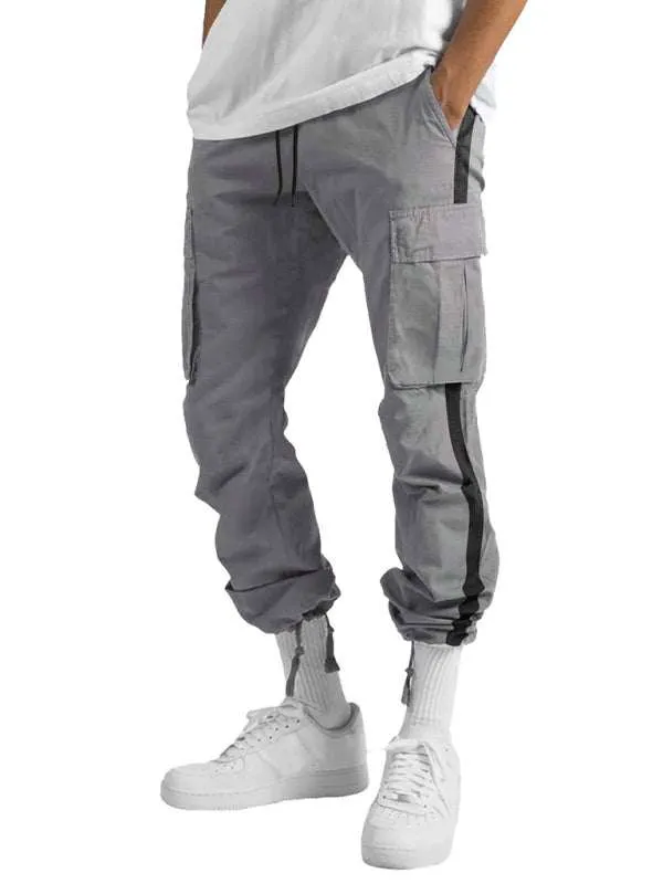 Men's new fashionable casual drawstring pockets color-blocked overalls trousers