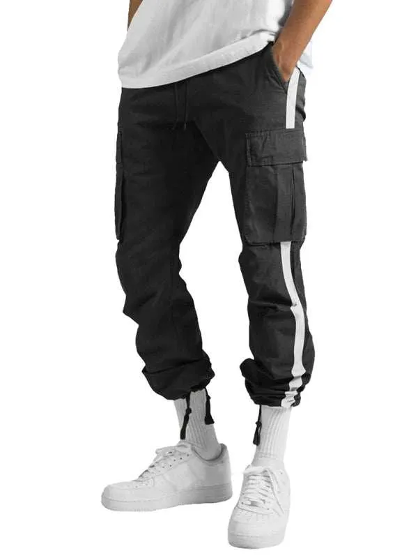 Men's new fashionable casual drawstring pockets color-blocked overalls trousers