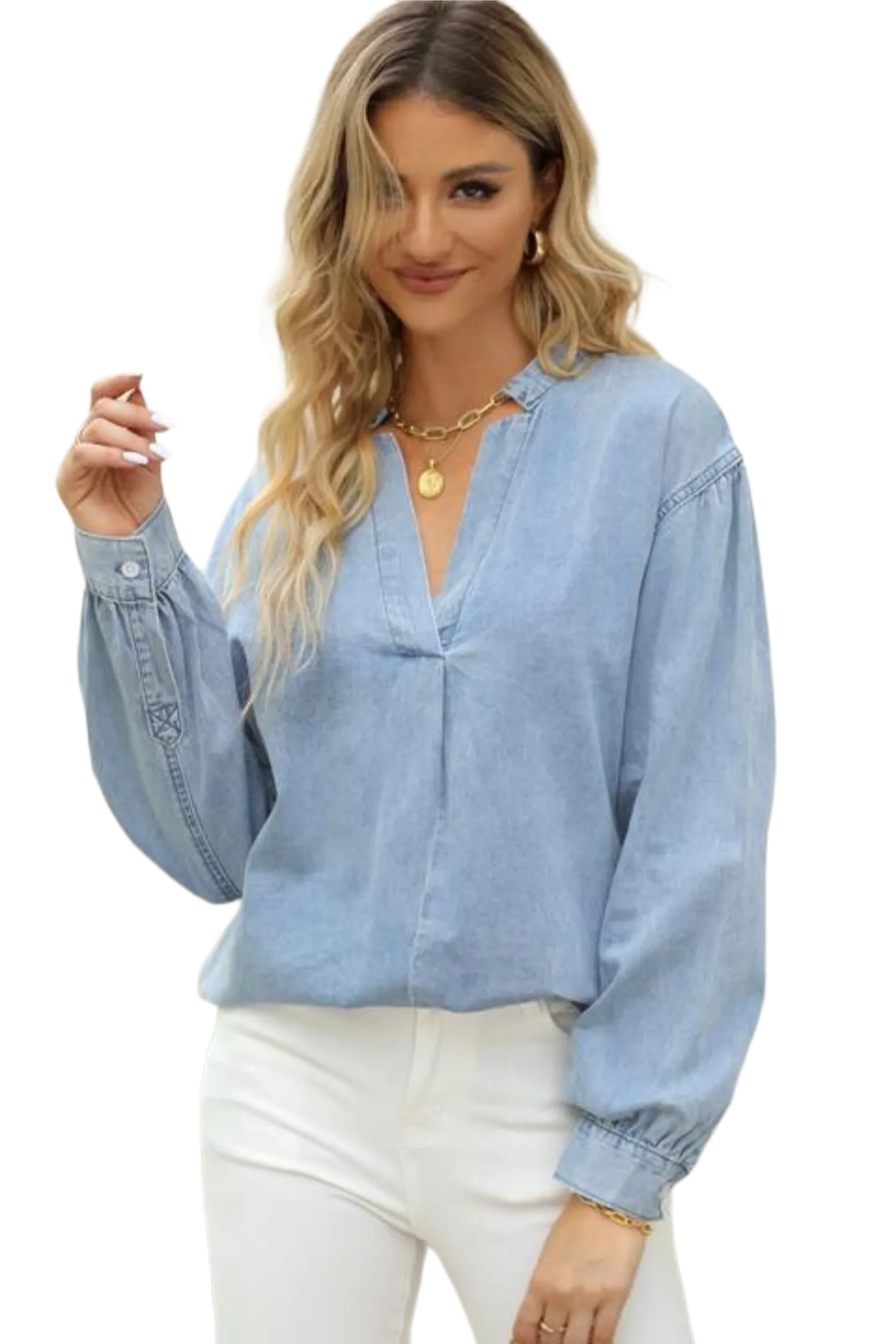 Notched Neck Denim Top