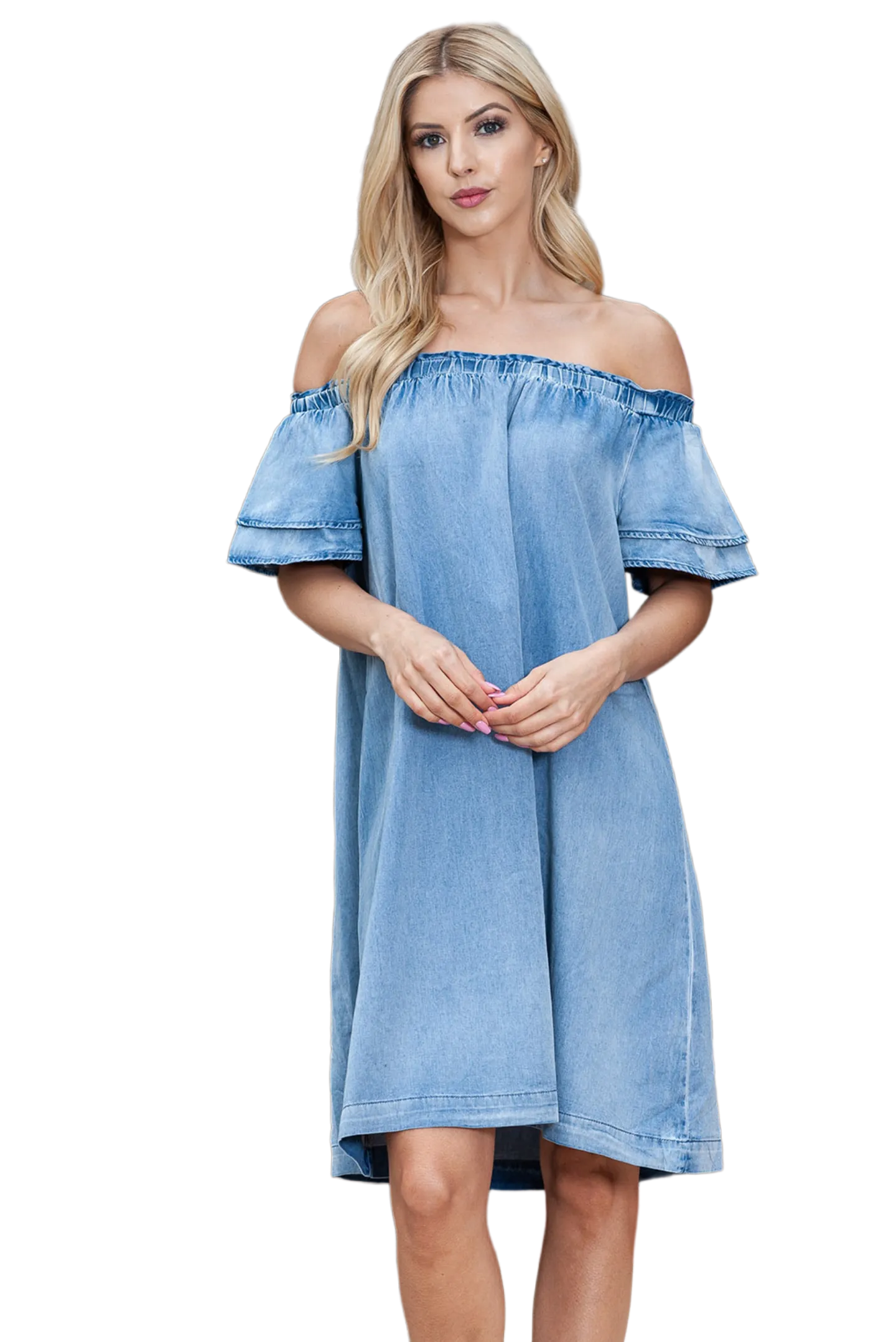 Off-Shoulder Knee-Length Denim Dress