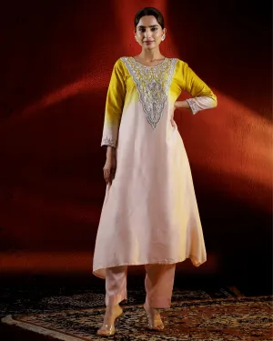 Pastel Peach Embellished Raw Silk Kurta Set