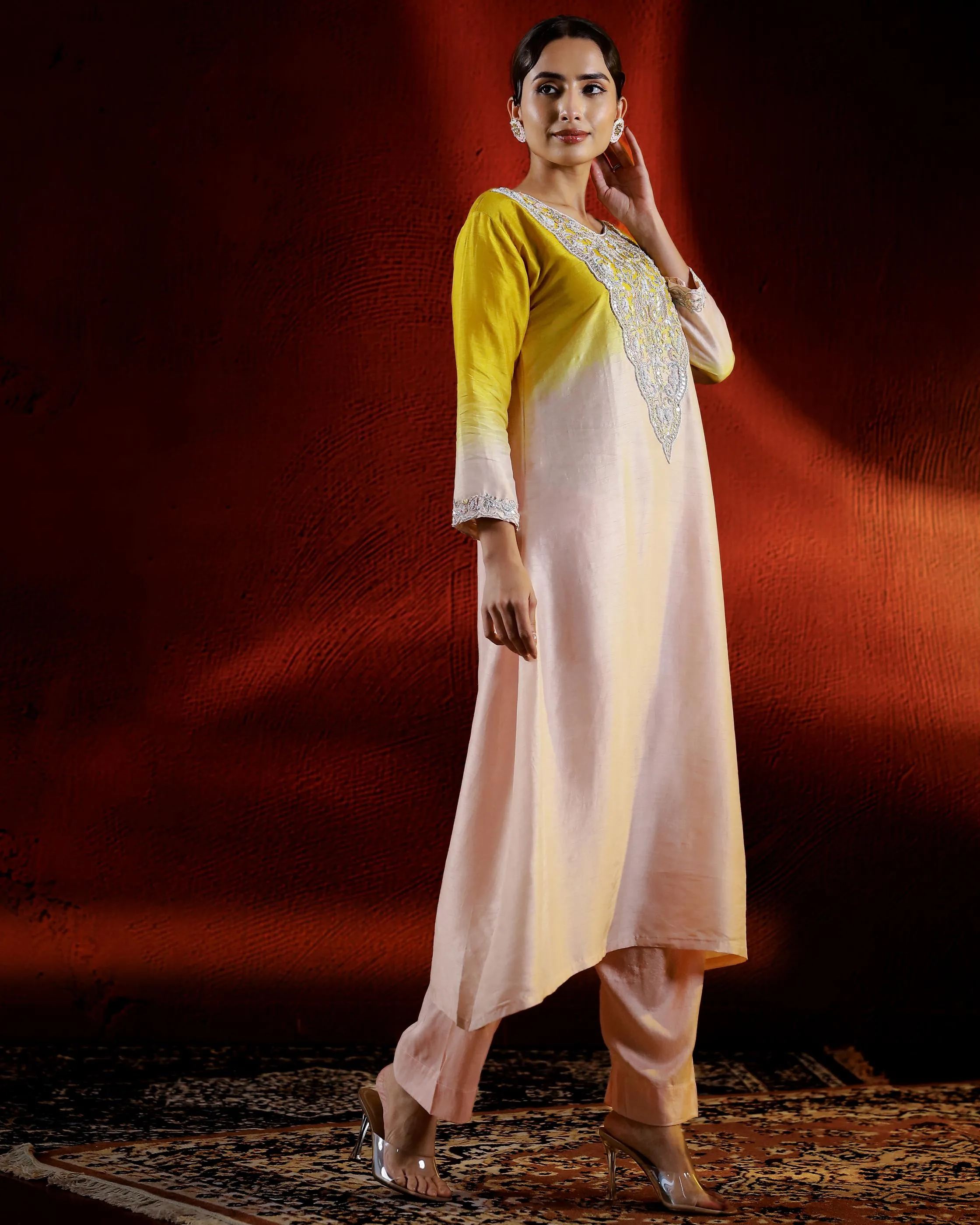 Pastel Peach Embellished Raw Silk Kurta Set