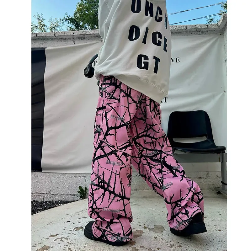 Pink Thorn Branch Printed Cargo Pants - Camouflage Casual Japanese Streetwear Trousers