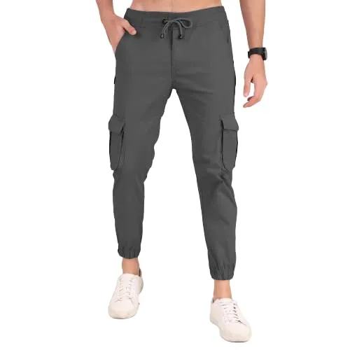 Plus 91 Latest Men Cargo Solid Danim Joggers Trousers Streetwear cross 6 multi Pockets Design Pants (32, Dark Grey)