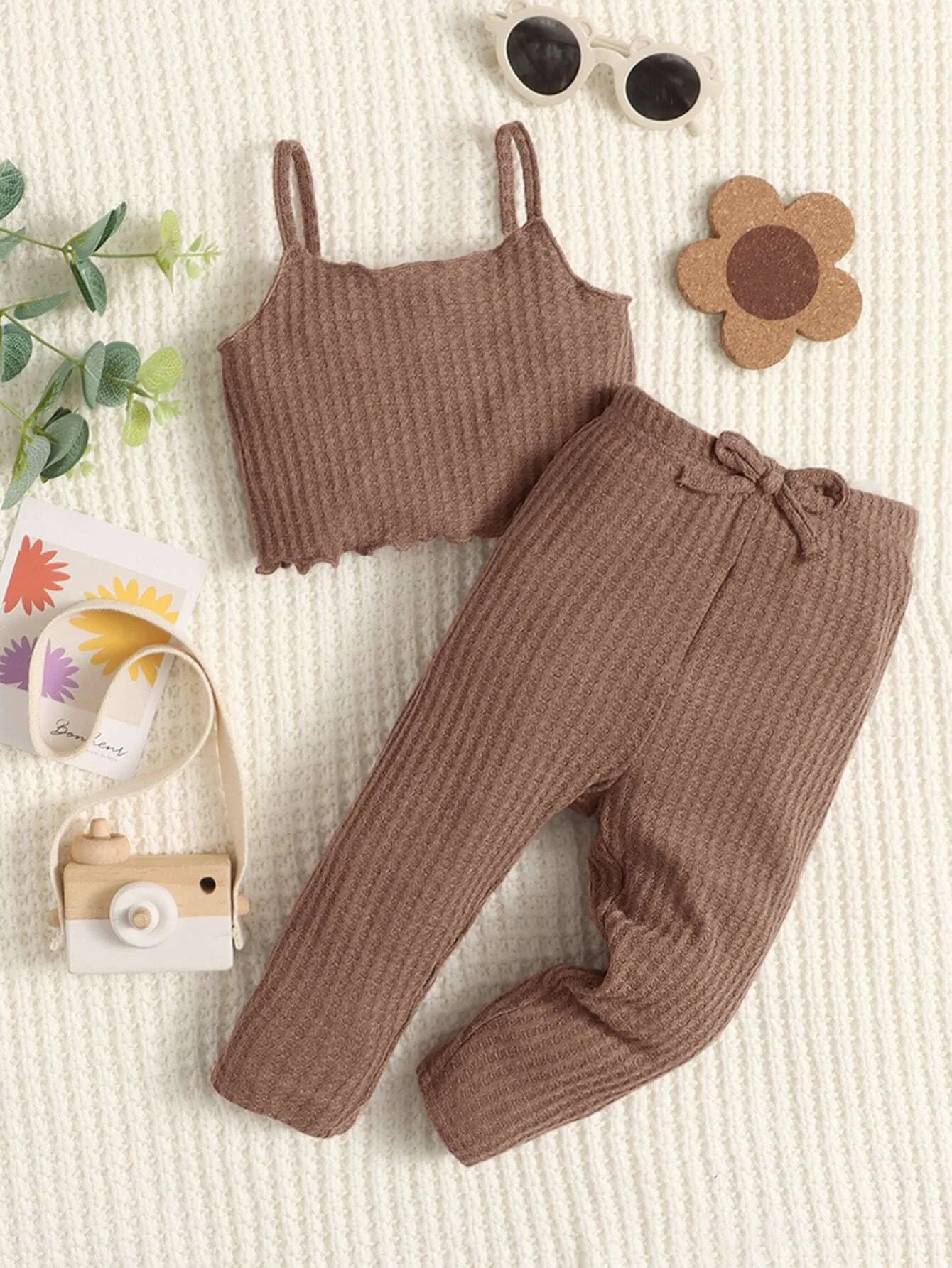 SHEIN Baby Girl Solid Texture Camisole And Long Pants Casual Comfortable Outfit