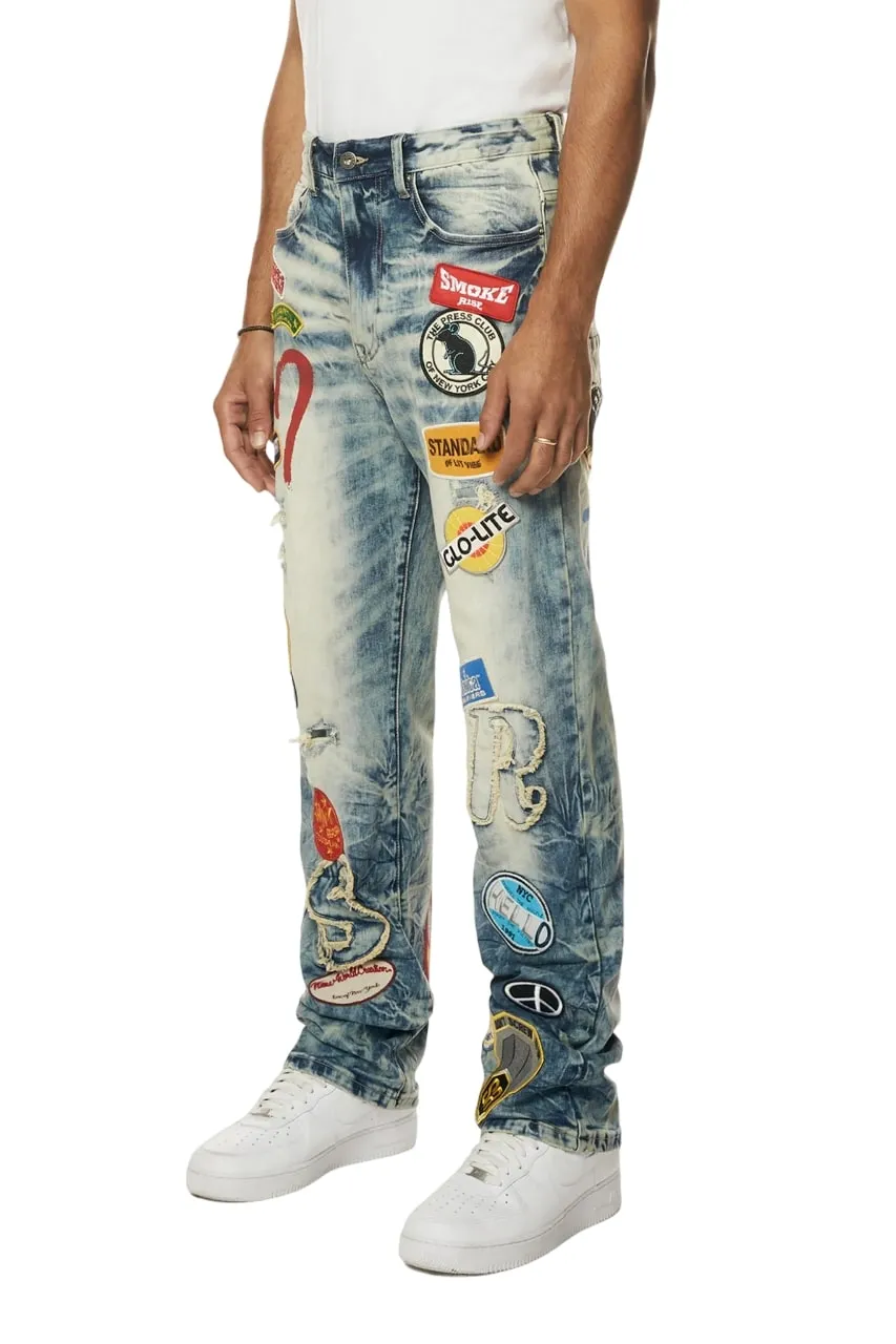 Smoke Rise Men's Multi Embroidered Patched Retro Denim Jeans