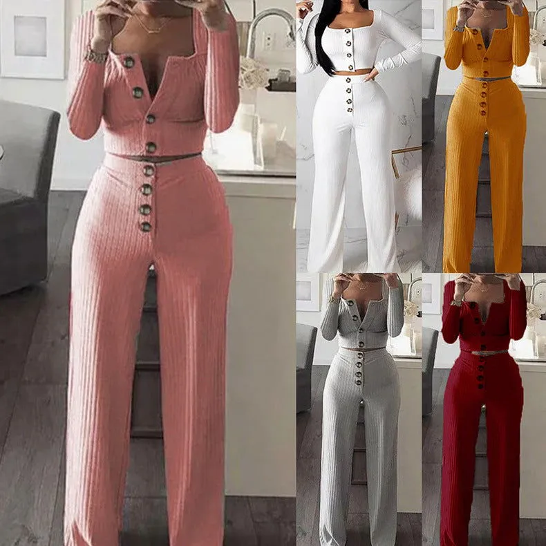 Soft Knitted Long Sleeve Button Crop Top & Pants