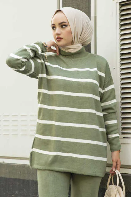 Striped Knitted Sweater Islamic Modest Pants