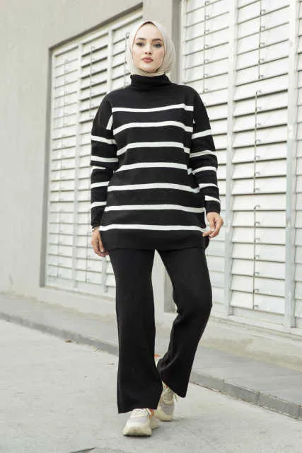 Striped Knitted Sweater Islamic Modest Pants