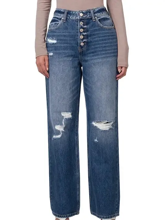 Super High Rise Distressed Wide Leg Denim Jeans