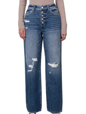 Super High Rise Distressed Wide Leg Denim Jeans