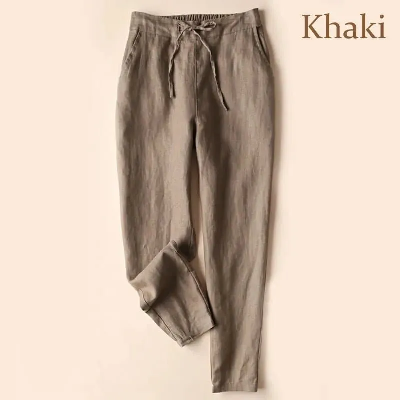 Thin Linen Pants for Women - Slim Fit, Ankle-Length Solid Pencil Pants, Elastic Waist