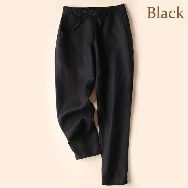 Thin Linen Pants for Women - Slim Fit, Ankle-Length Solid Pencil Pants, Elastic Waist