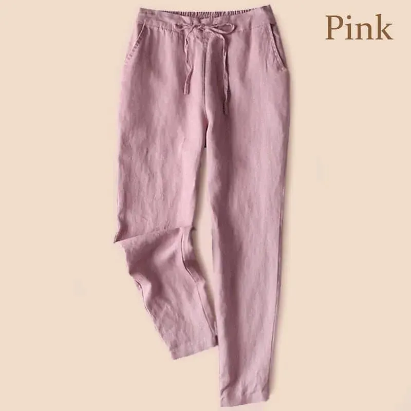 Thin Linen Pants for Women - Slim Fit, Ankle-Length Solid Pencil Pants, Elastic Waist