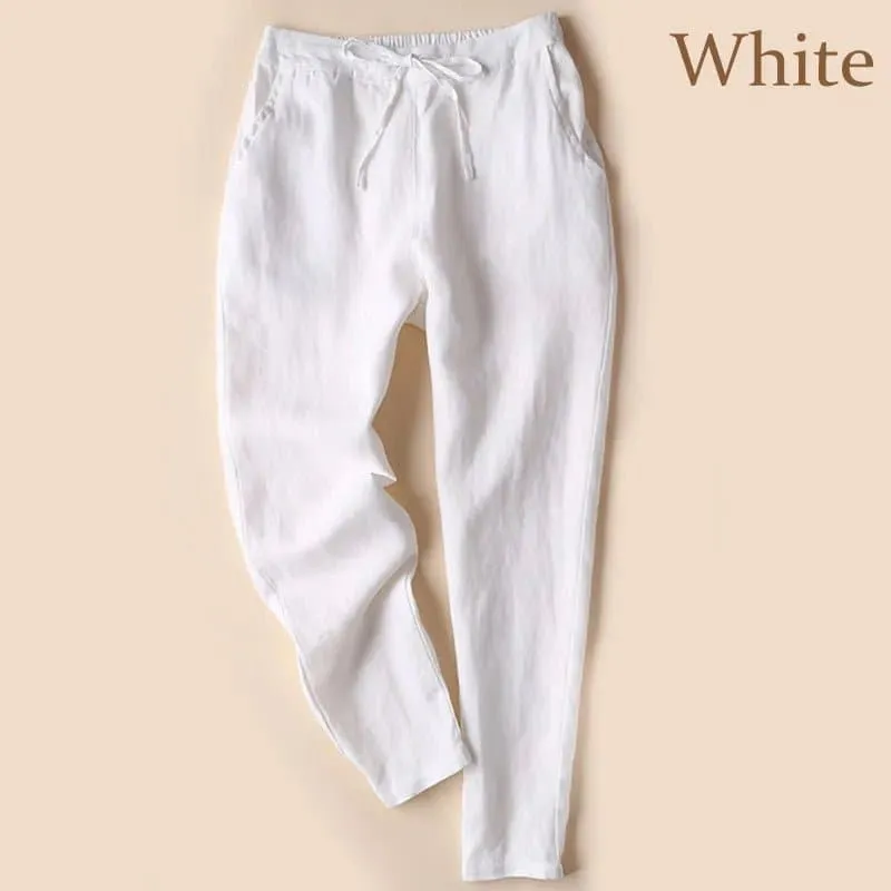 Thin Linen Pants for Women - Slim Fit, Ankle-Length Solid Pencil Pants, Elastic Waist