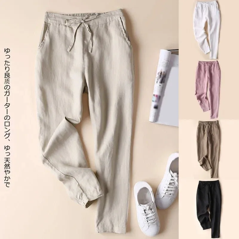 Thin Linen Pants for Women - Slim Fit, Ankle-Length Solid Pencil Pants, Elastic Waist