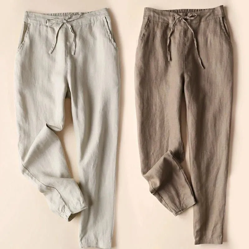 Thin Linen Pants for Women - Slim Fit, Ankle-Length Solid Pencil Pants, Elastic Waist