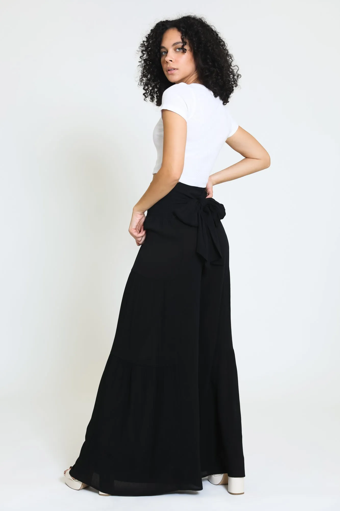 TIE WAIST TIERED WIDE LEG PANT - BLACK