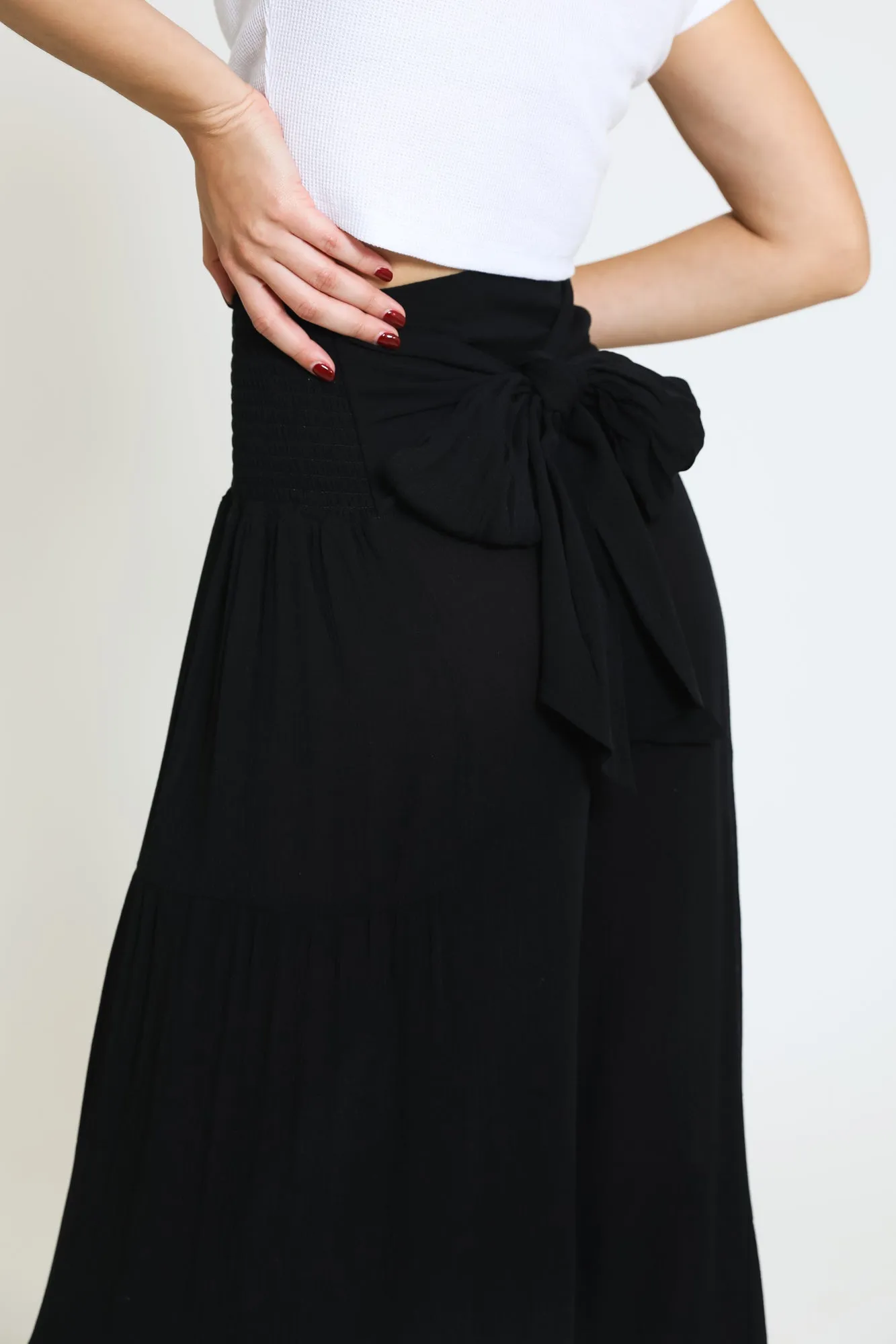 TIE WAIST TIERED WIDE LEG PANT - BLACK