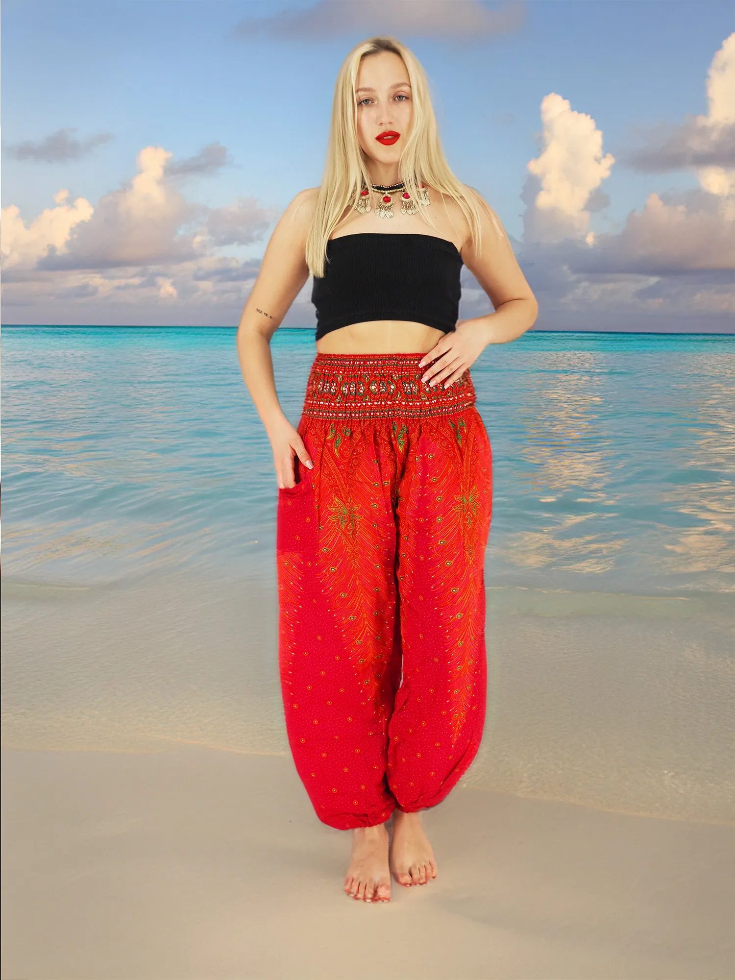 Unisex Harem Yoga Hippie Boho Pants Red And Orange With Peacock Print L-XL