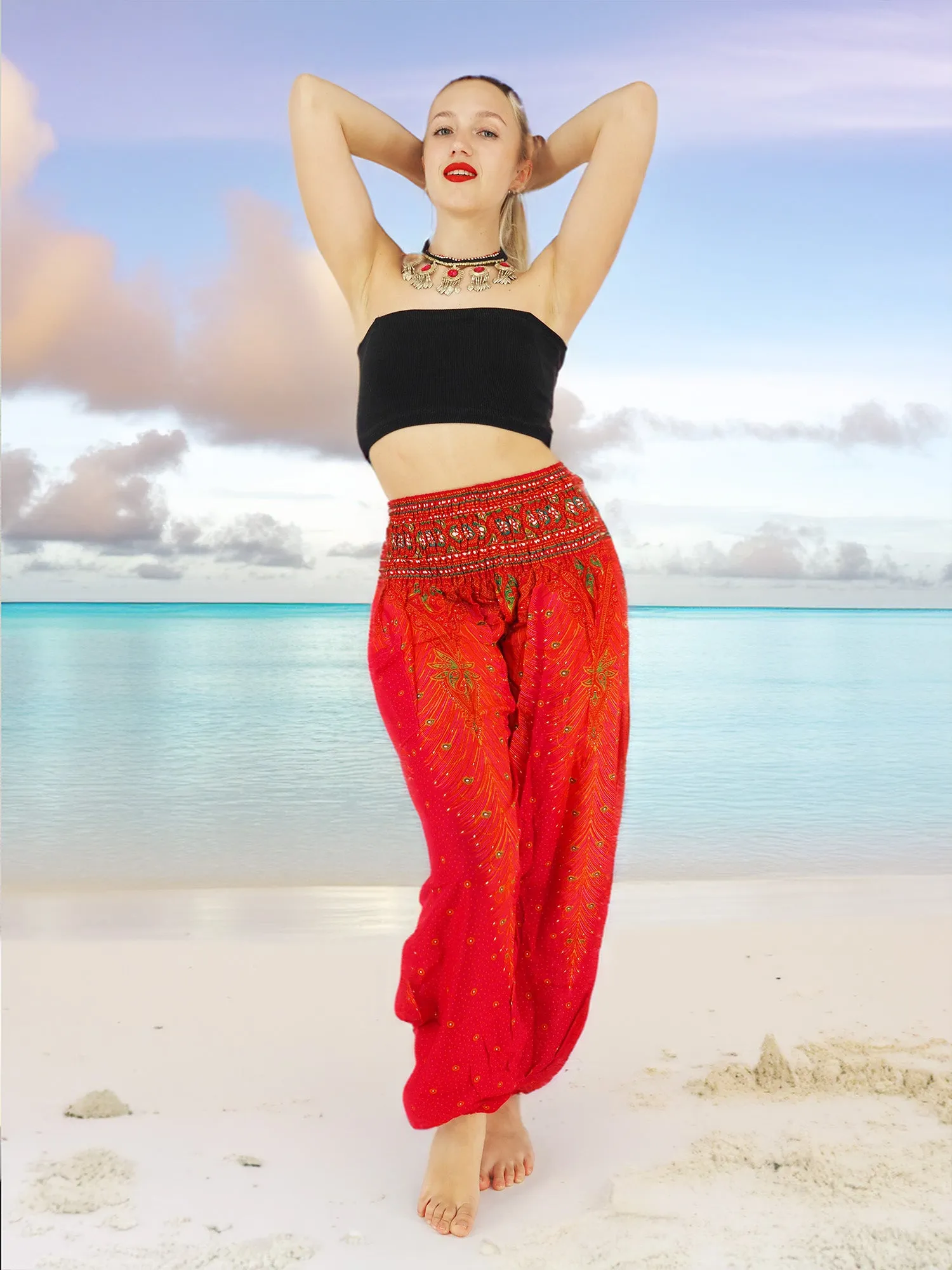 Unisex Harem Yoga Hippie Boho Pants Red And Orange With Peacock Print L-XL