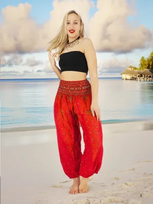 Unisex Harem Yoga Hippie Boho Pants Red And Orange With Peacock Print L-XL