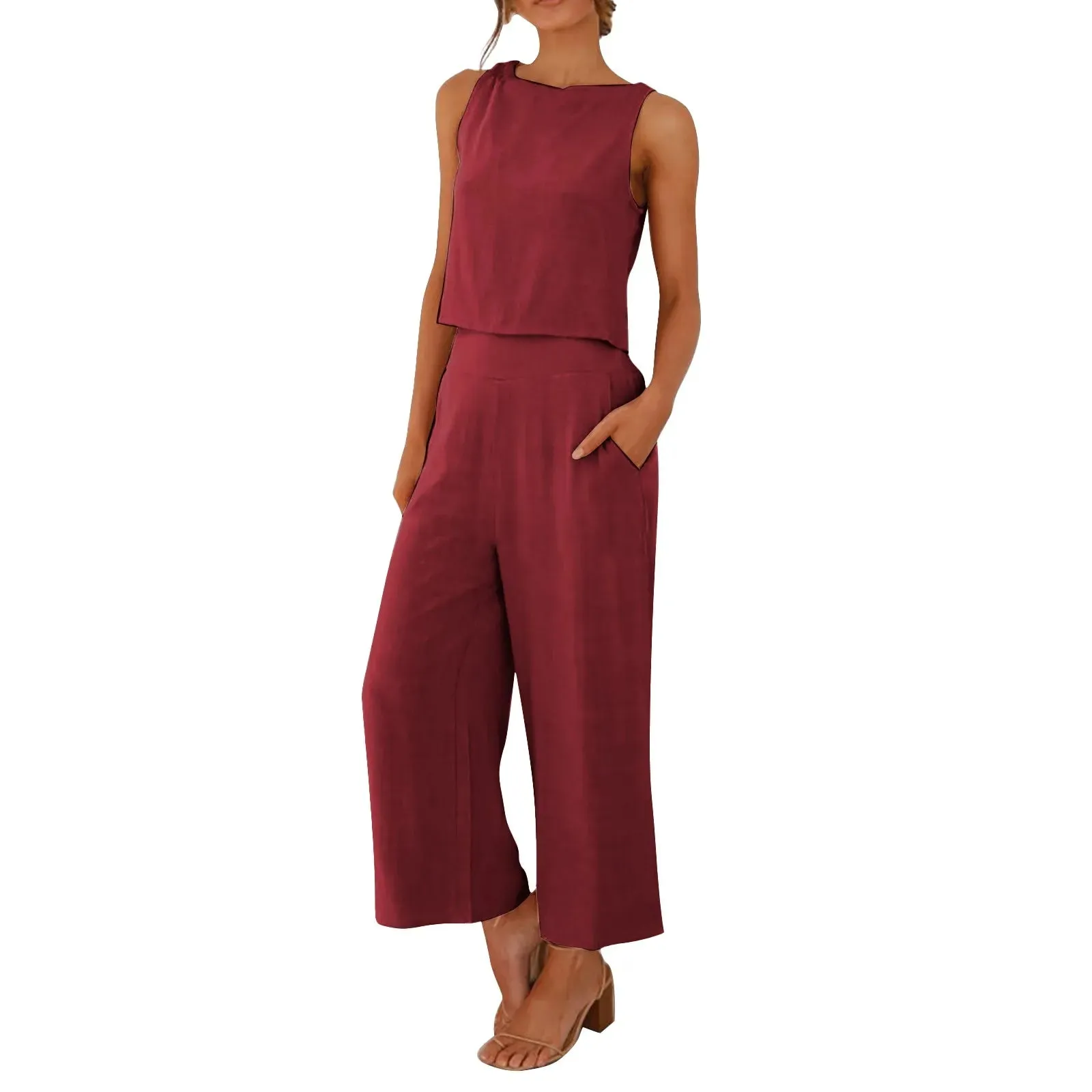 Women Summer Casual Linen 2 Piece Pants Set Solid Elegant Two-Piece Suit Sleeveless Wide Leg Trouser 2024 New In Matcing Sets