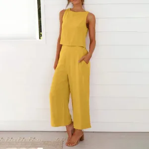 Women Summer Casual Linen 2 Piece Pants Set Solid Elegant Two-Piece Suit Sleeveless Wide Leg Trouser 2024 New In Matcing Sets