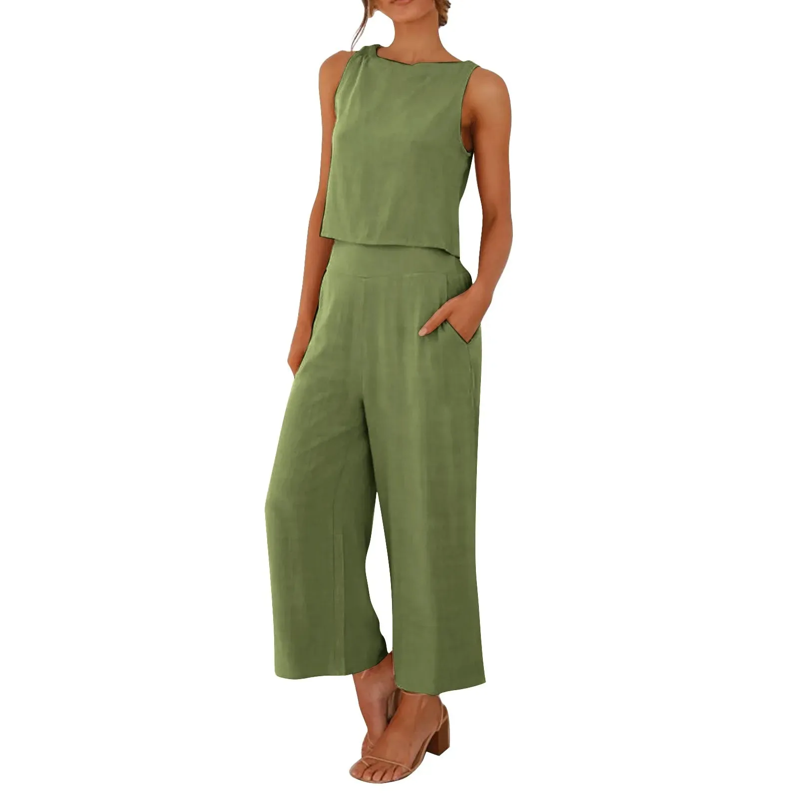 Women Summer Casual Linen 2 Piece Pants Set Solid Elegant Two-Piece Suit Sleeveless Wide Leg Trouser 2024 New In Matcing Sets