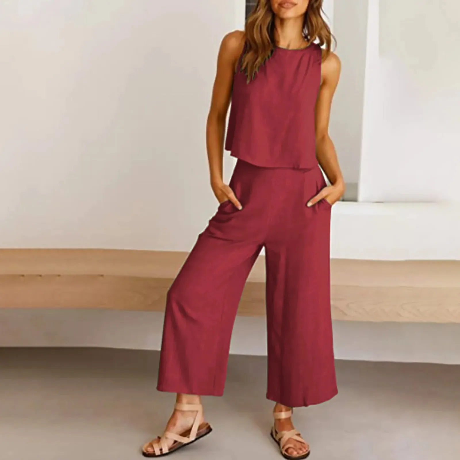 Women Summer Casual Linen 2 Piece Pants Set Solid Elegant Two-Piece Suit Sleeveless Wide Leg Trouser 2024 New In Matcing Sets