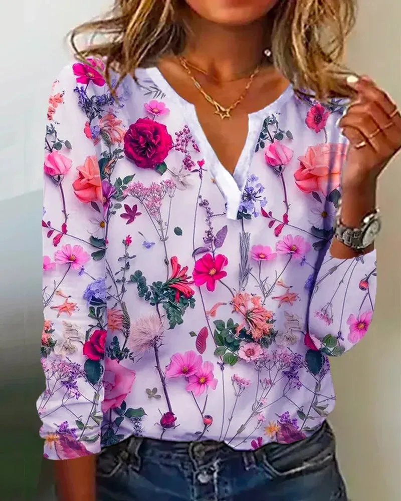 Women's Floral Printed V-neck Long-sleeved T-shirt Top