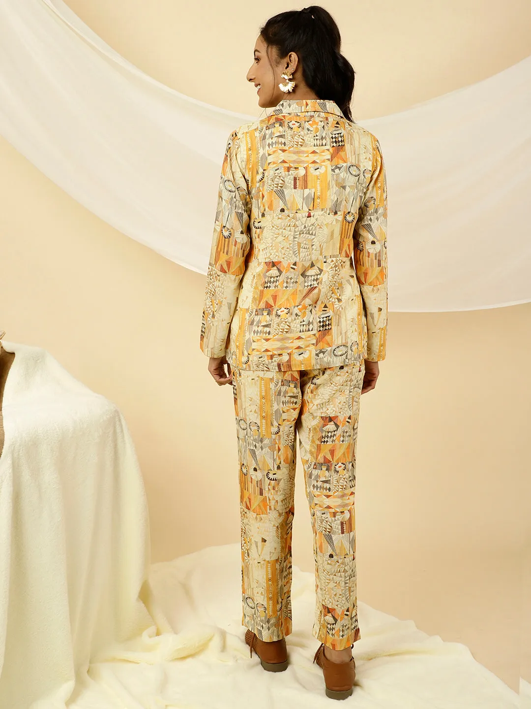 Yellow Geometric Print Jacket With Pants Co-ord Set